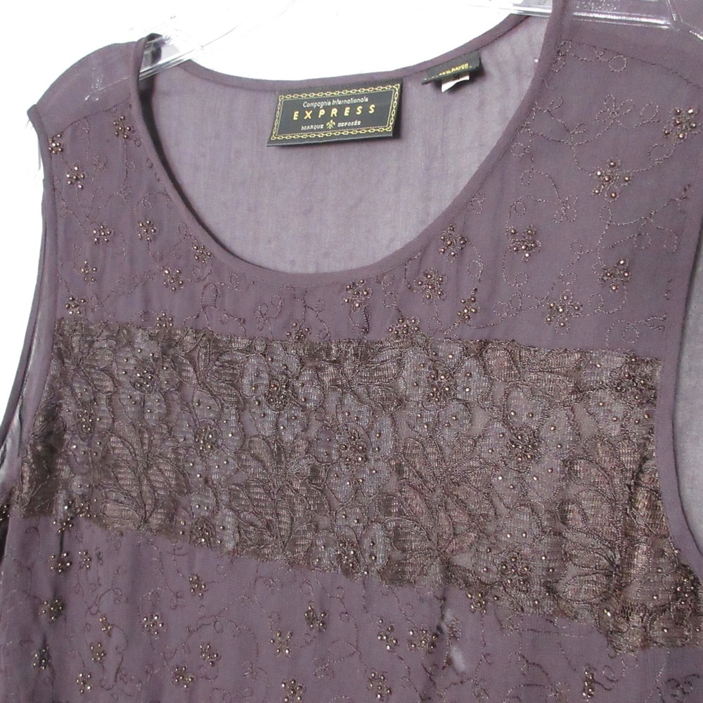 Vintage Express Tank Top Brown Bead Lace Sheer Whimsigoth Cottage 90s Y2K Fairy‎